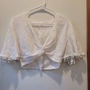 White Pom-Pom Trim Crop Top